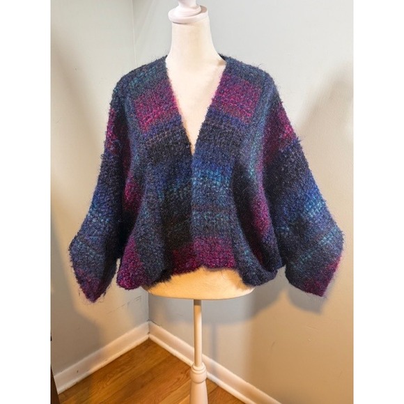 Nessa Warner Sweaters - Hand Woven Artisan Cocoon Cardigan S-L Jewel Tone Purple Blue Wearable Art